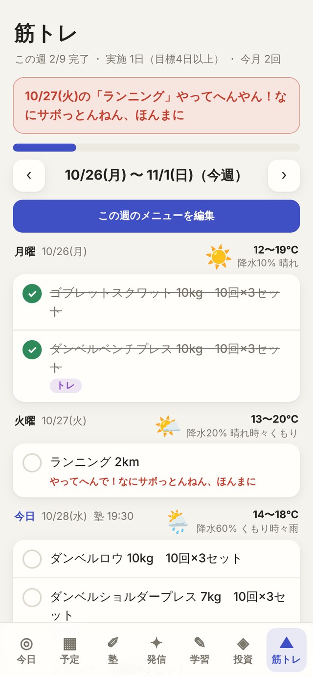 ダッシュボードの筋トレタブの画面。やっていない日に関西弁で怒られるメッセージが赤いバナーで出ている(ダミーデータの再現画面)